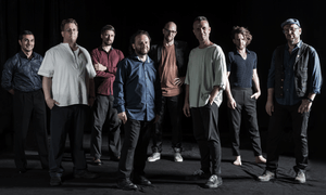 Die Musiker der Band stehen in einer Reihe nebeneinander.